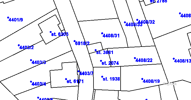 Parcela st. 3881 v KÚ Žatec, Katastrální mapa