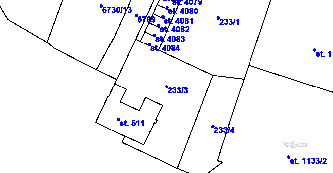 Parcela st. 233/3 v KÚ Žatec, Katastrální mapa
