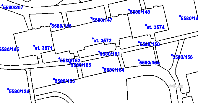 Parcela st. 5580/151 v KÚ Žatec, Katastrální mapa