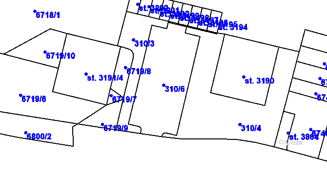 Parcela st. 310/6 v KÚ Žatec, Katastrální mapa