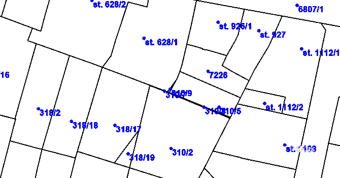 Parcela st. 310/9 v KÚ Žatec, Katastrální mapa