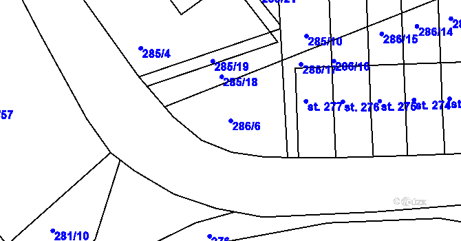 Parcela st. 286/6 v KÚ Žďárky, Katastrální mapa