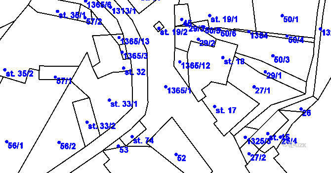 Parcela st. 1365/1 v KÚ Ždírec v Podbezdězí, Katastrální mapa