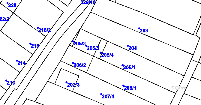 Parcela st. 205/4 v KÚ Žebětín, Katastrální mapa