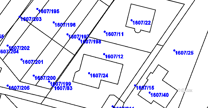 Parcela st. 1607/12 v KÚ Žebětín, Katastrální mapa