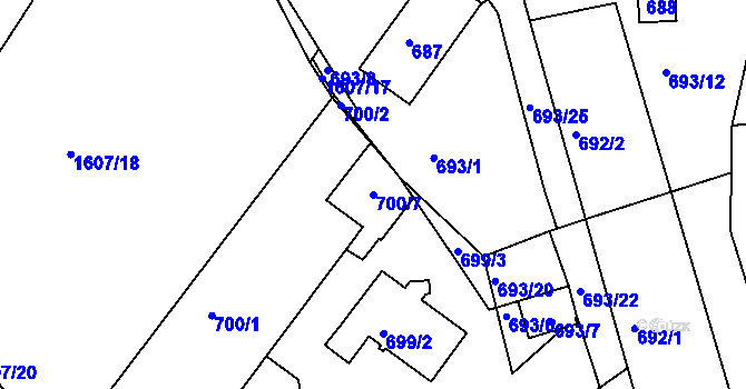 Parcela st. 700/7 v KÚ Žebětín, Katastrální mapa