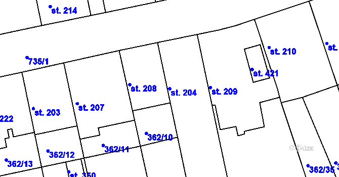 Parcela st. 204 v KÚ Žehuň, Katastrální mapa