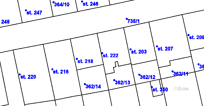 Parcela st. 222 v KÚ Žehuň, Katastrální mapa