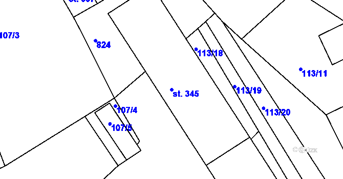 Parcela st. 345 v KÚ Žehuň, Katastrální mapa