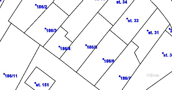 Parcela st. 186/5 v KÚ Horušice, Katastrální mapa