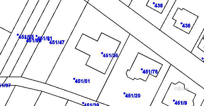 Parcela st. 451/36 v KÚ Lužkovice, Katastrální mapa