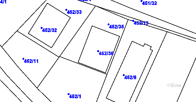 Parcela st. 452/36 v KÚ Lužkovice, Katastrální mapa