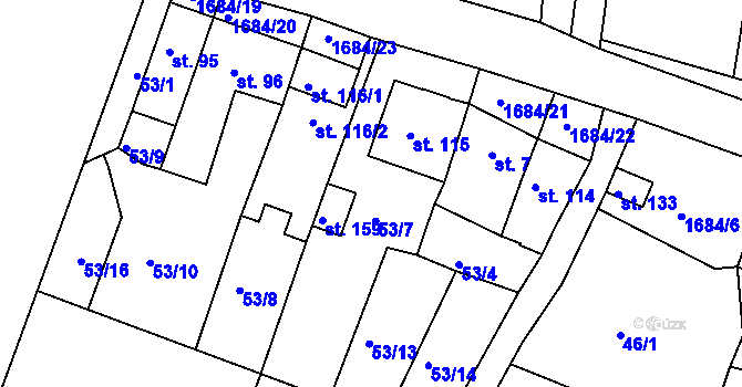 Parcela st. 53/2 v KÚ Želenice u Mostu, Katastrální mapa