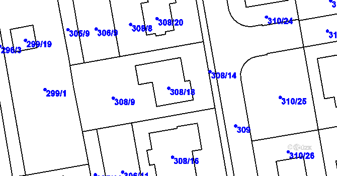 Parcela st. 308/18 v KÚ Želešice, Katastrální mapa