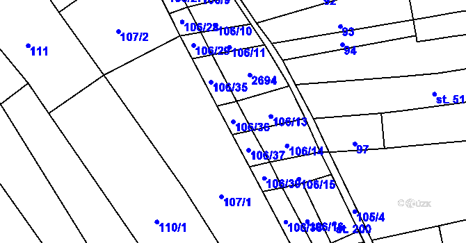 Parcela st. 106/36 v KÚ Želetice u Kyjova, Katastrální mapa