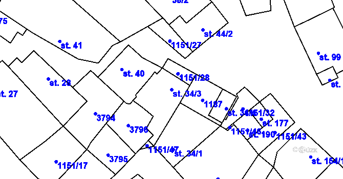 Parcela st. 34/3 v KÚ Želetice u Znojma, Katastrální mapa