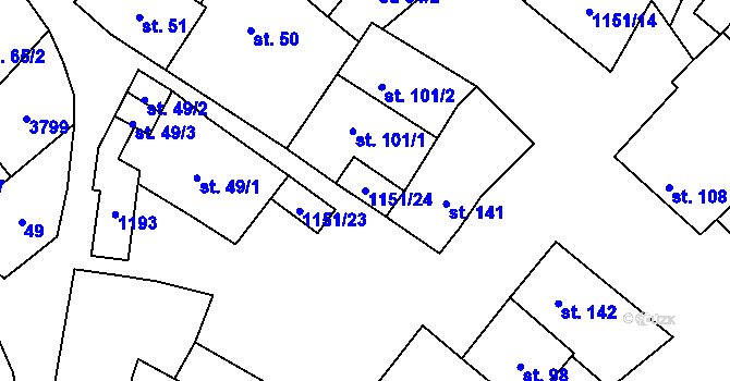 Parcela st. 1151/24 v KÚ Želetice u Znojma, Katastrální mapa