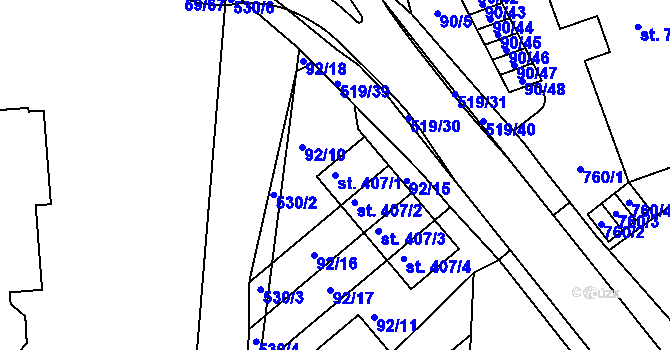 Parcela st. 407/1 v KÚ Železná Ruda, Katastrální mapa