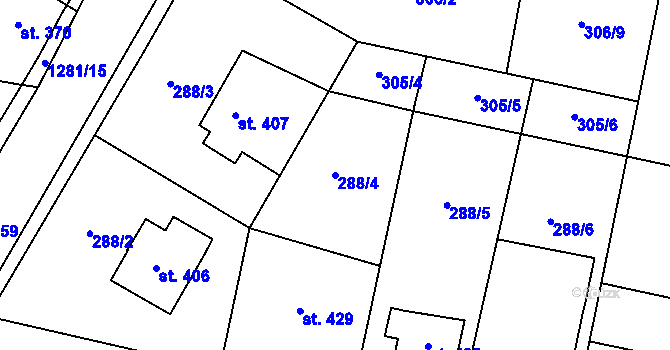 Parcela st. 288/4 v KÚ Železnice, Katastrální mapa