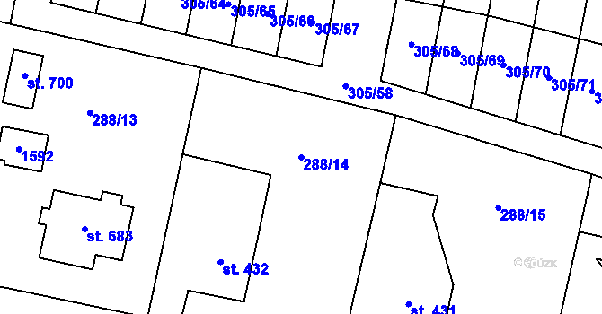 Parcela st. 288/14 v KÚ Železnice, Katastrální mapa
