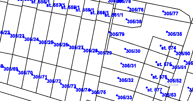 Parcela st. 305/29 v KÚ Železnice, Katastrální mapa