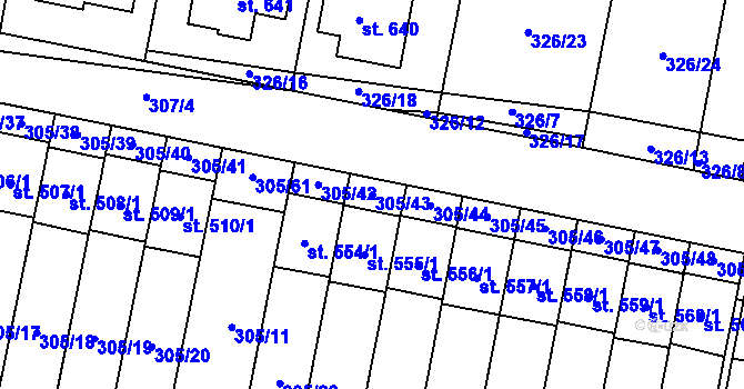 Parcela st. 305/43 v KÚ Železnice, Katastrální mapa