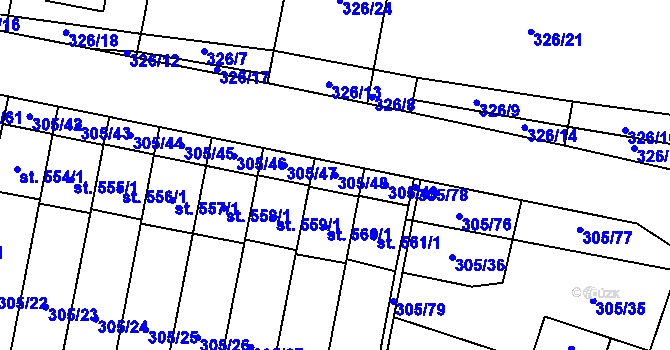 Parcela st. 305/48 v KÚ Železnice, Katastrální mapa