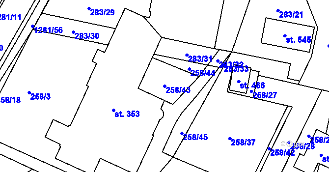Parcela st. 258/43 v KÚ Železnice, Katastrální mapa