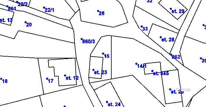 Parcela st. 15 v KÚ Bzí u Železného Brodu, Katastrální mapa