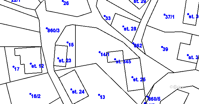 Parcela st. 14/1 v KÚ Bzí u Železného Brodu, Katastrální mapa