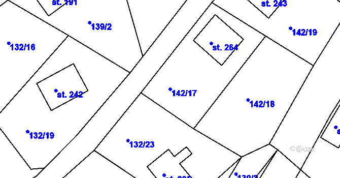 Parcela st. 142/17 v KÚ Hrubá Horka, Katastrální mapa
