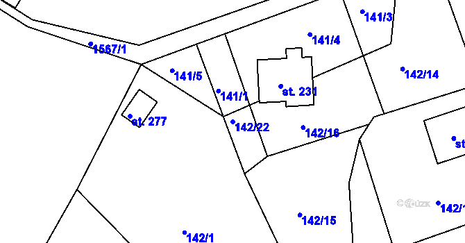 Parcela st. 142/22 v KÚ Hrubá Horka, Katastrální mapa
