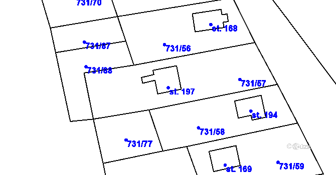 Parcela st. 197 v KÚ Železný Újezd, Katastrální mapa