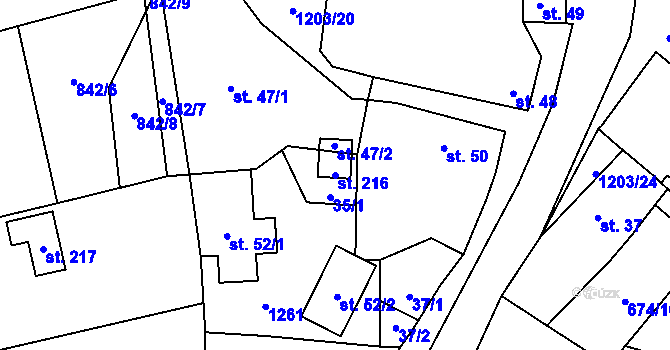Parcela st. 216 v KÚ Železný Újezd, Katastrální mapa