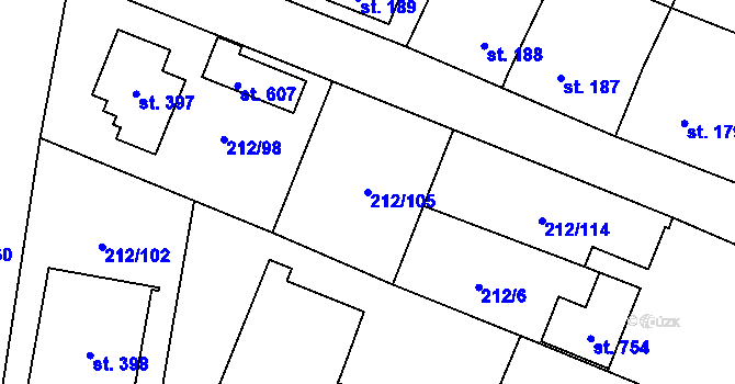 Parcela st. 212/105 v KÚ Želiv, Katastrální mapa