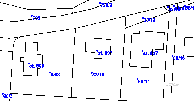 Parcela st. 597 v KÚ Želiv, Katastrální mapa