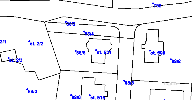Parcela st. 631 v KÚ Želiv, Katastrální mapa