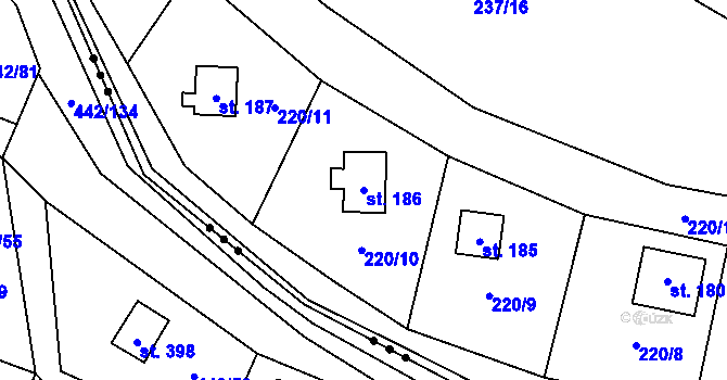 Parcela st. 186 v KÚ Želízy, Katastrální mapa