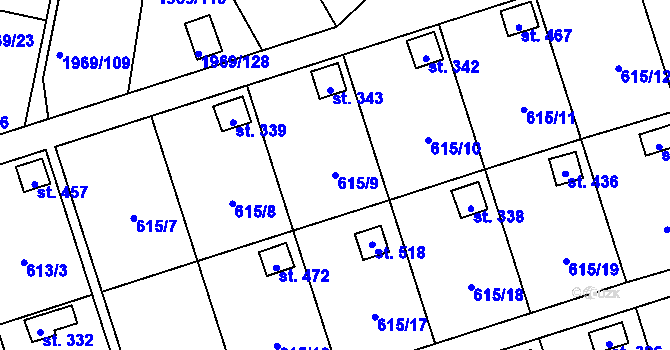 Parcela st. 615/9 v KÚ Ženklava, Katastrální mapa