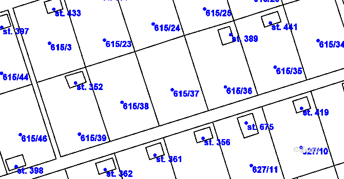 Parcela st. 615/37 v KÚ Ženklava, Katastrální mapa
