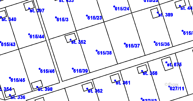 Parcela st. 615/38 v KÚ Ženklava, Katastrální mapa
