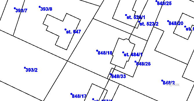 Parcela st. 848/18 v KÚ Ženklava, Katastrální mapa
