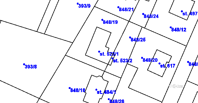 Parcela st. 523/1 v KÚ Ženklava, Katastrální mapa