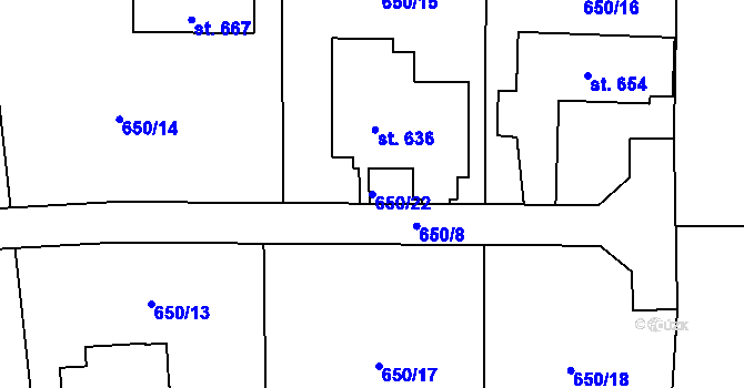 Parcela st. 650/22 v KÚ Ženklava, Katastrální mapa