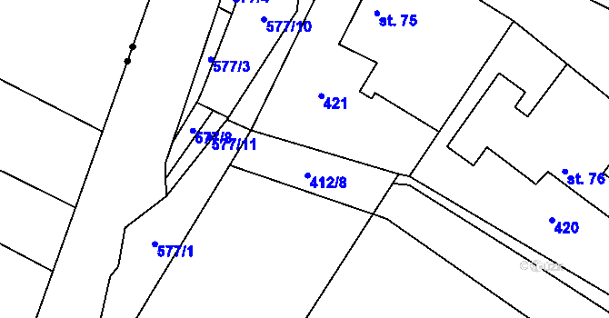 Parcela st. 412/9 v KÚ Hradíšťko, Katastrální mapa