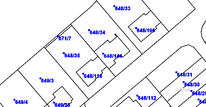 Parcela st. 648/144 v KÚ Židlochovice, Katastrální mapa