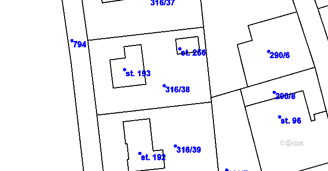 Parcela st. 316/38 v KÚ Židněves, Katastrální mapa