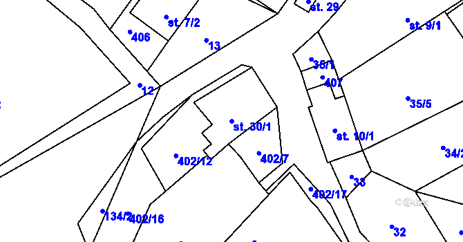 Parcela st. 30/1 v KÚ Odlezly, Katastrální mapa