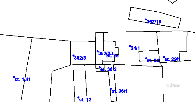Parcela st. 362/23 v KÚ Vrbice u Žitné, Katastrální mapa