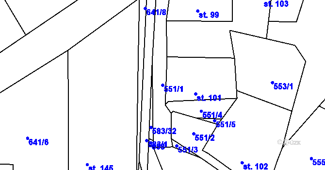Parcela st. 551/1 v KÚ Pojedy, Katastrální mapa
